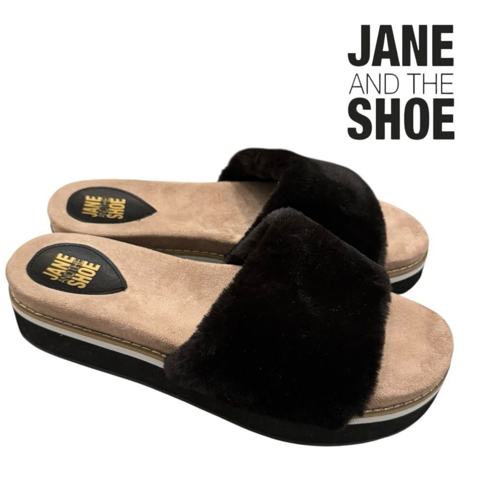 Jane and the Shoe Astrid Furry Black Tan Women's Slides Sandals 10